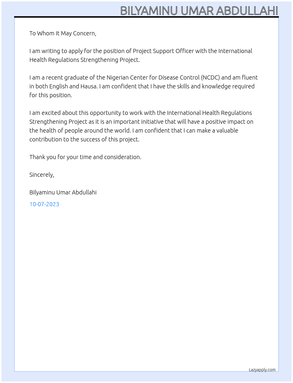 Project support officer  At International Health regulations strengthening project  Cover Letter