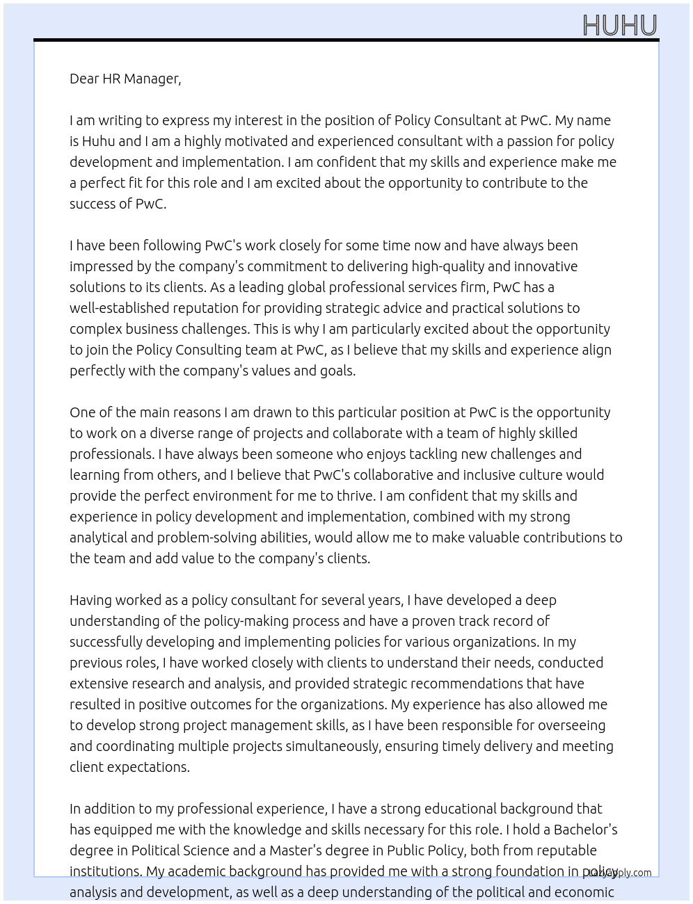 Cover letter for policy consultant - LazyApply