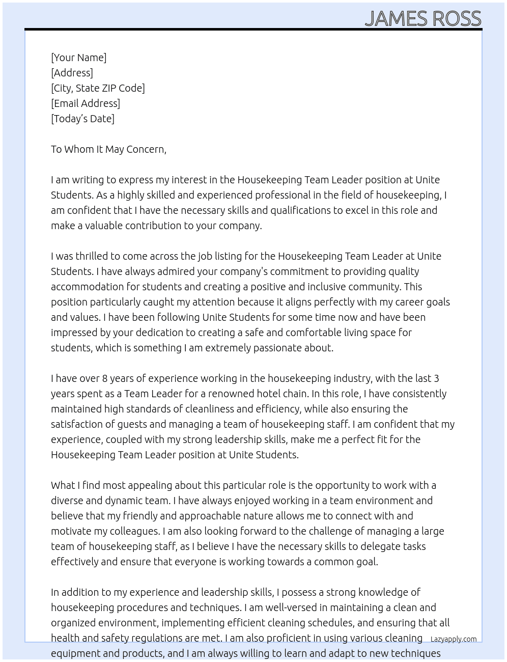 Housekeeping Team Leader At Unite Students Cover Letter