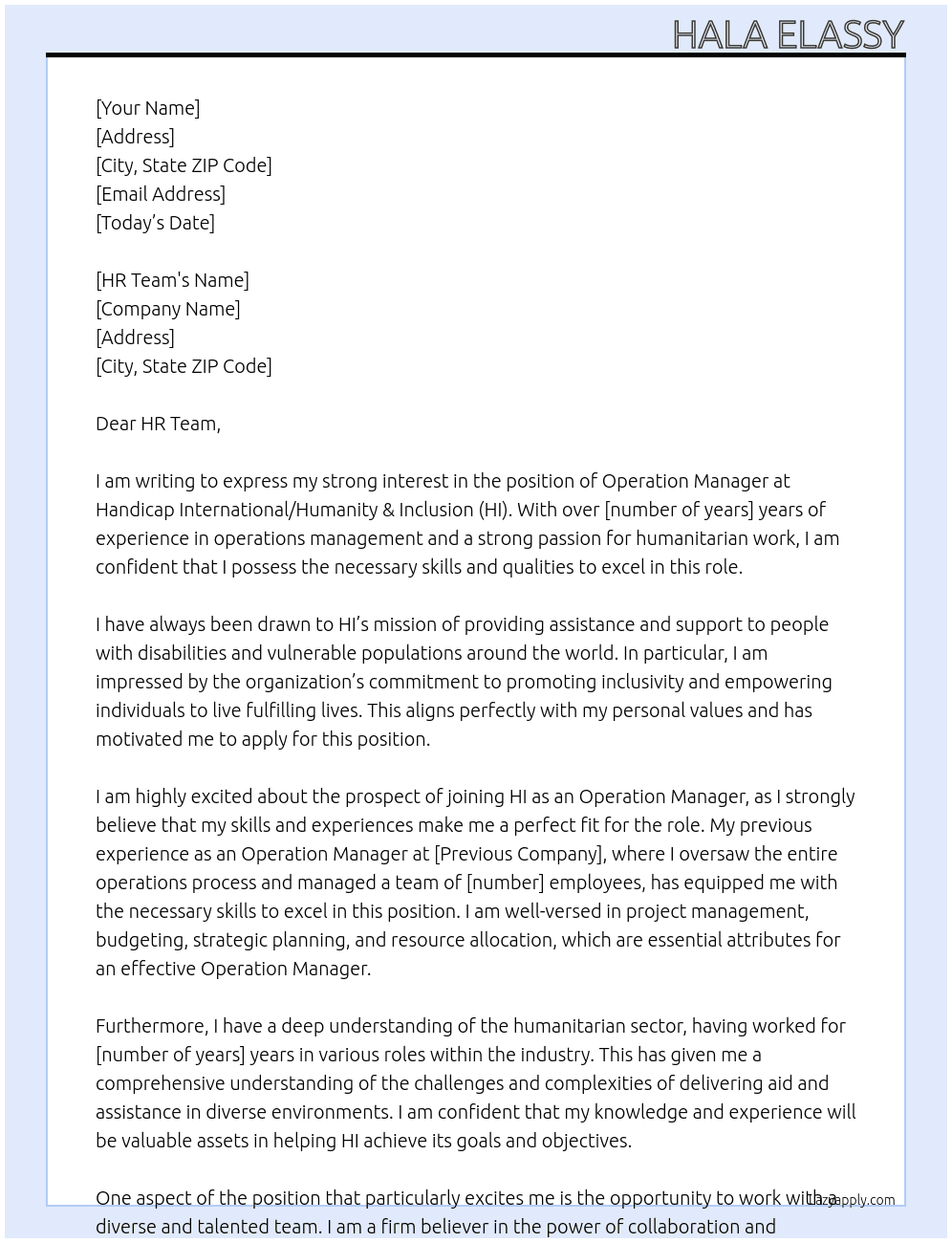 Operation Manager  At Handicap International/Humanity & Inclusion (HI) Cover Letter