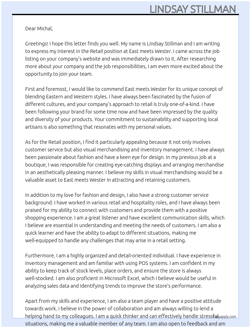 Retail At East meets Wester  Cover Letter