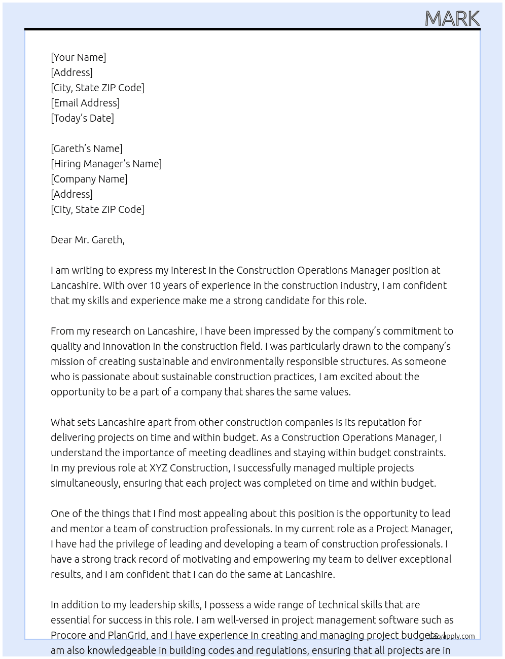 Construction Operations Manager At Lancashire Cover Letter