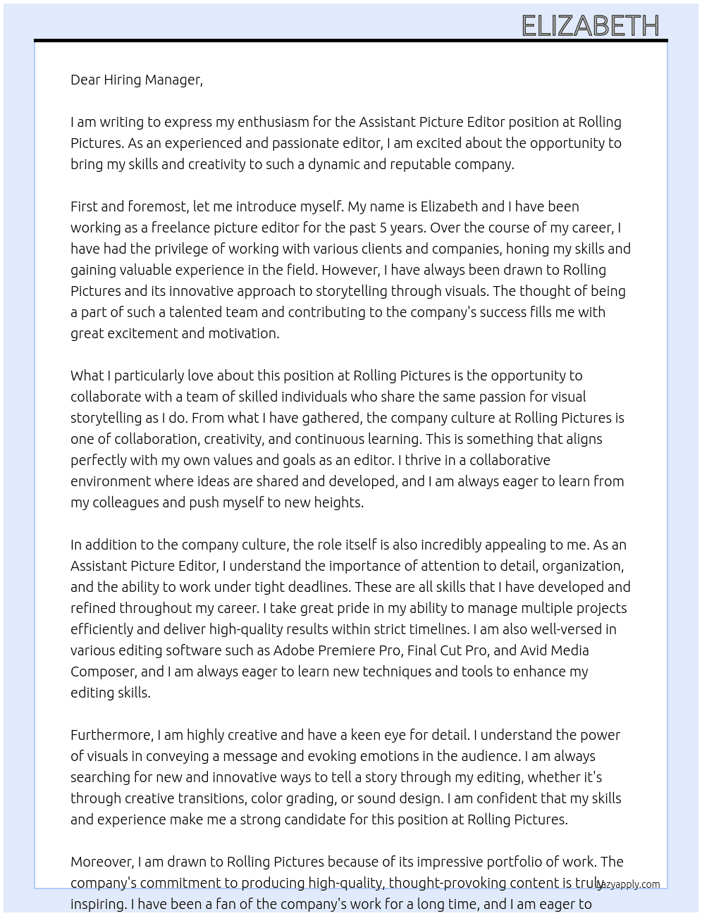 Assistant picture ediotr At Rolling Pictures Cover Letter