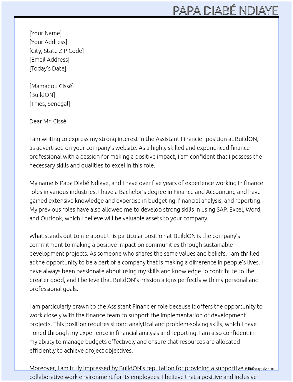 Cover letter for assistant financier - LazyApply