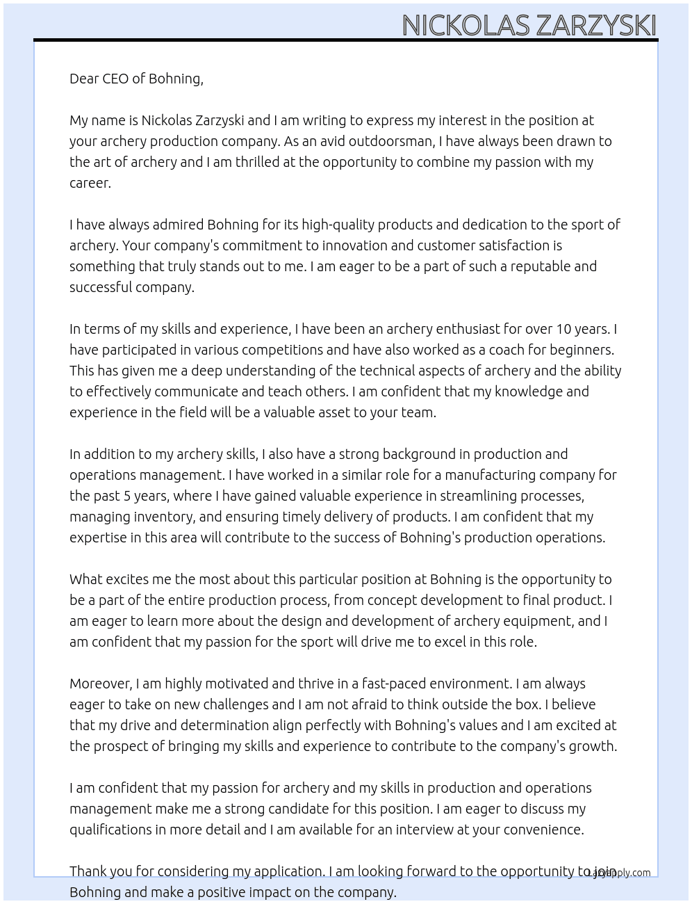 Archery production company  At Bohning Cover Letter