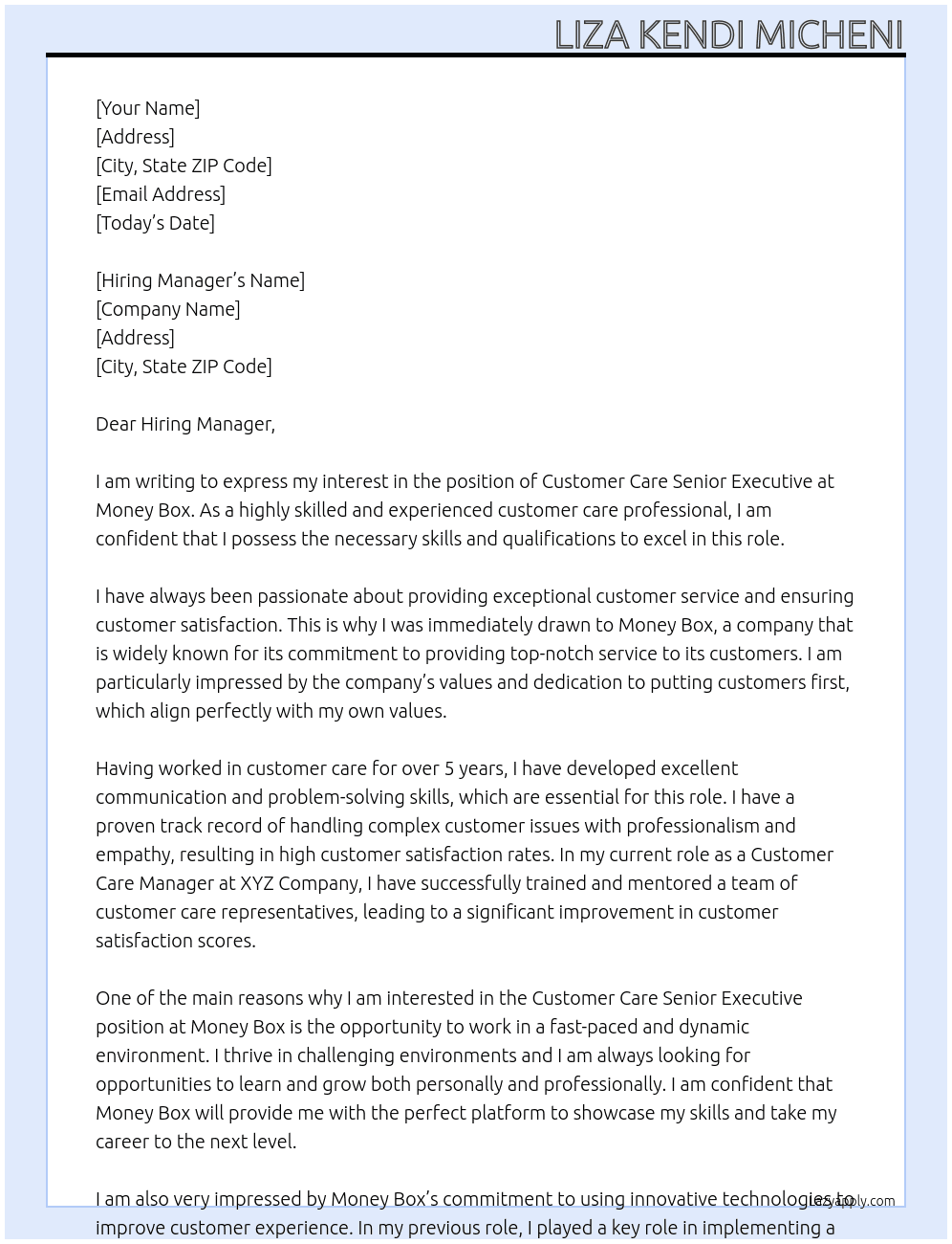 Customer care senior executive At money box Cover Letter