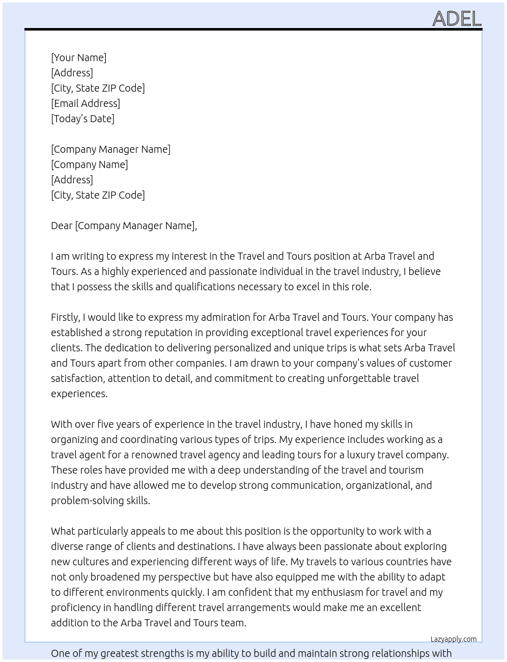 Travel and tours At Arba travel and tours Cover Letter