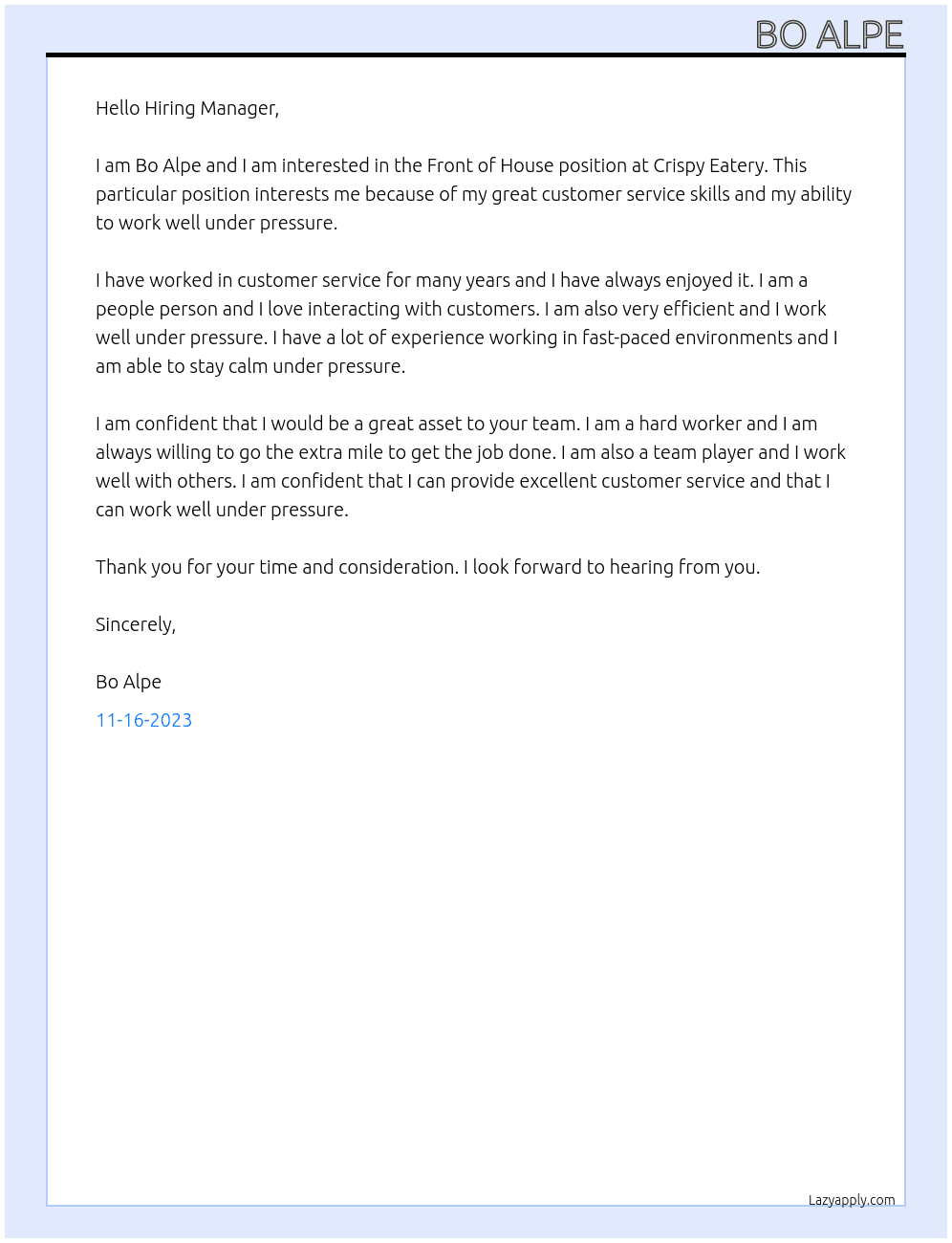 Frount of house At Crispy eatery Cover Letter