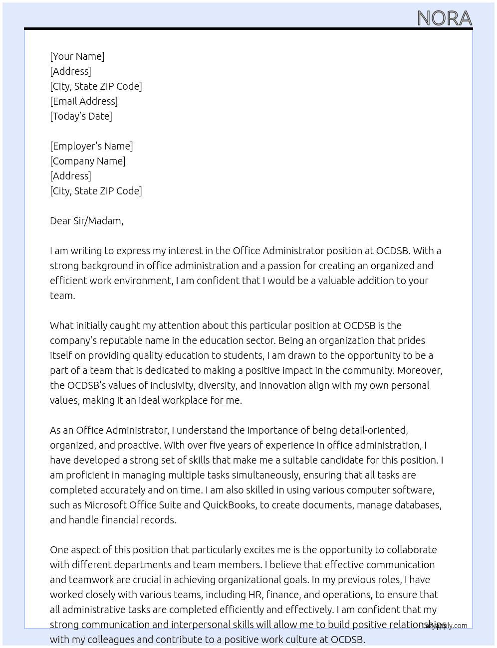 Office Administrator At OCDSB Cover Letter