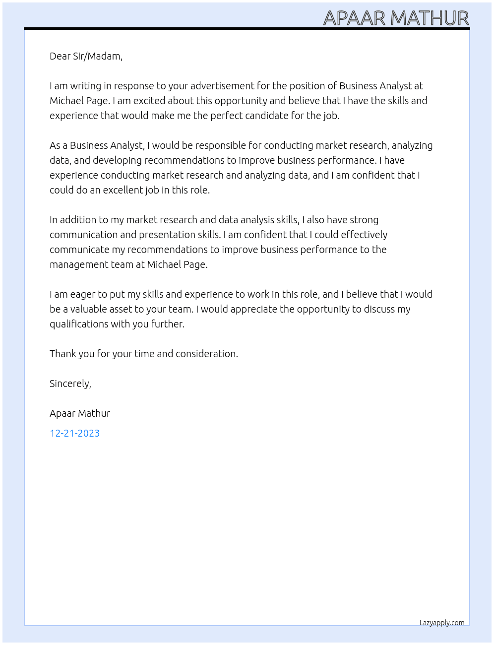  Business Analyst At Michael Page Cover Letter