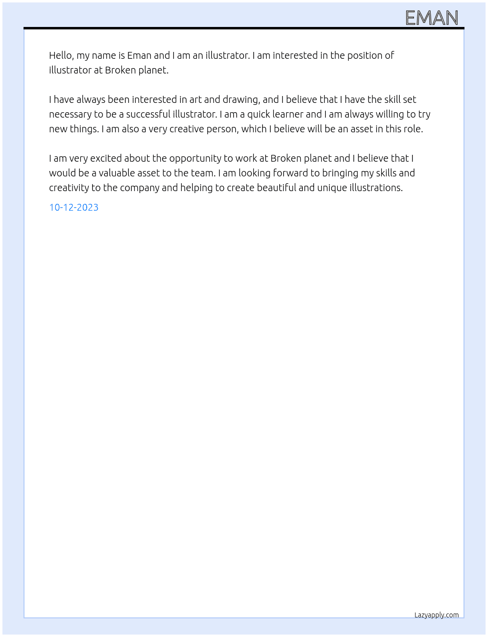 Illustrator  At Broken planet  Cover Letter