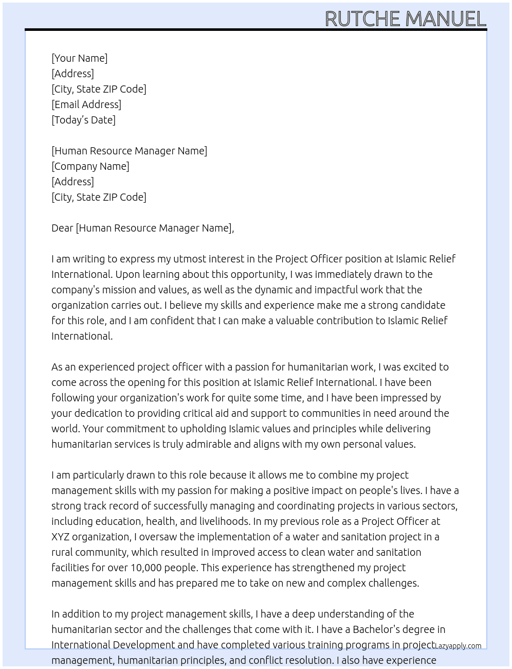 Project Officer At Islamic Relief International Cover Letter