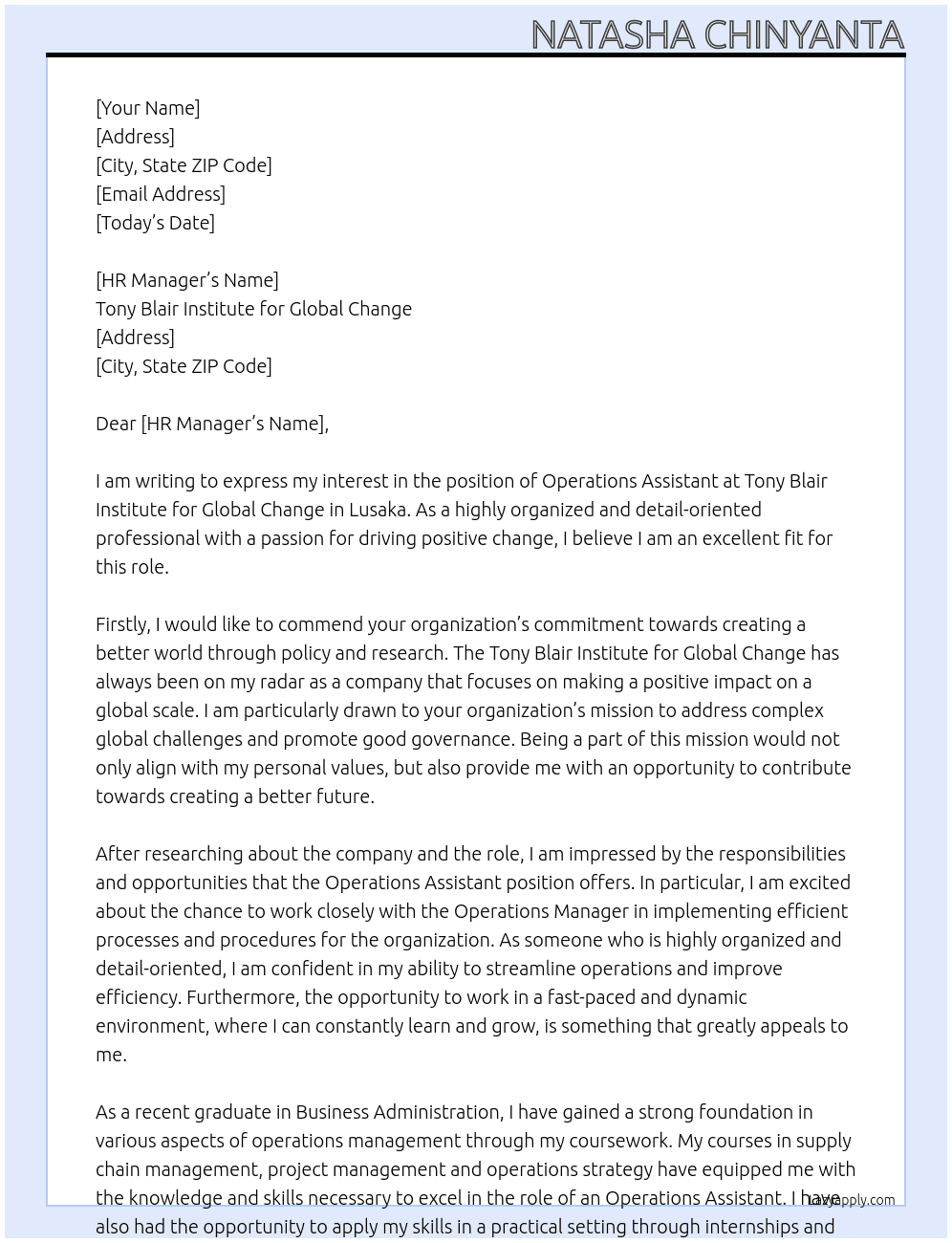 Operations assistant  At Tony Blair Institute for Global Change Cover Letter