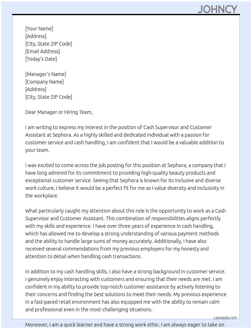 cash supervisor, customer assistant At saphora Cover Letter