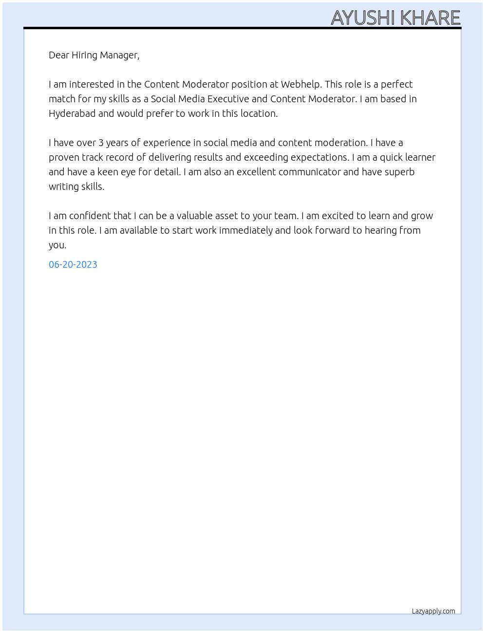 Content Moderator At Webhelp Cover Letter