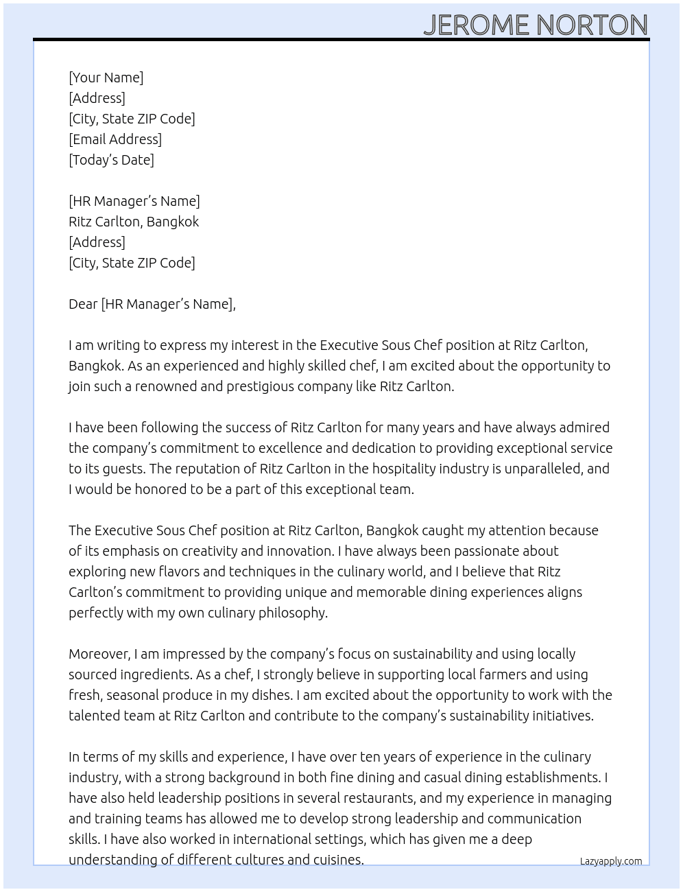 Executive Sous Chef At Ritz Carlton, Bangkok Cover Letter