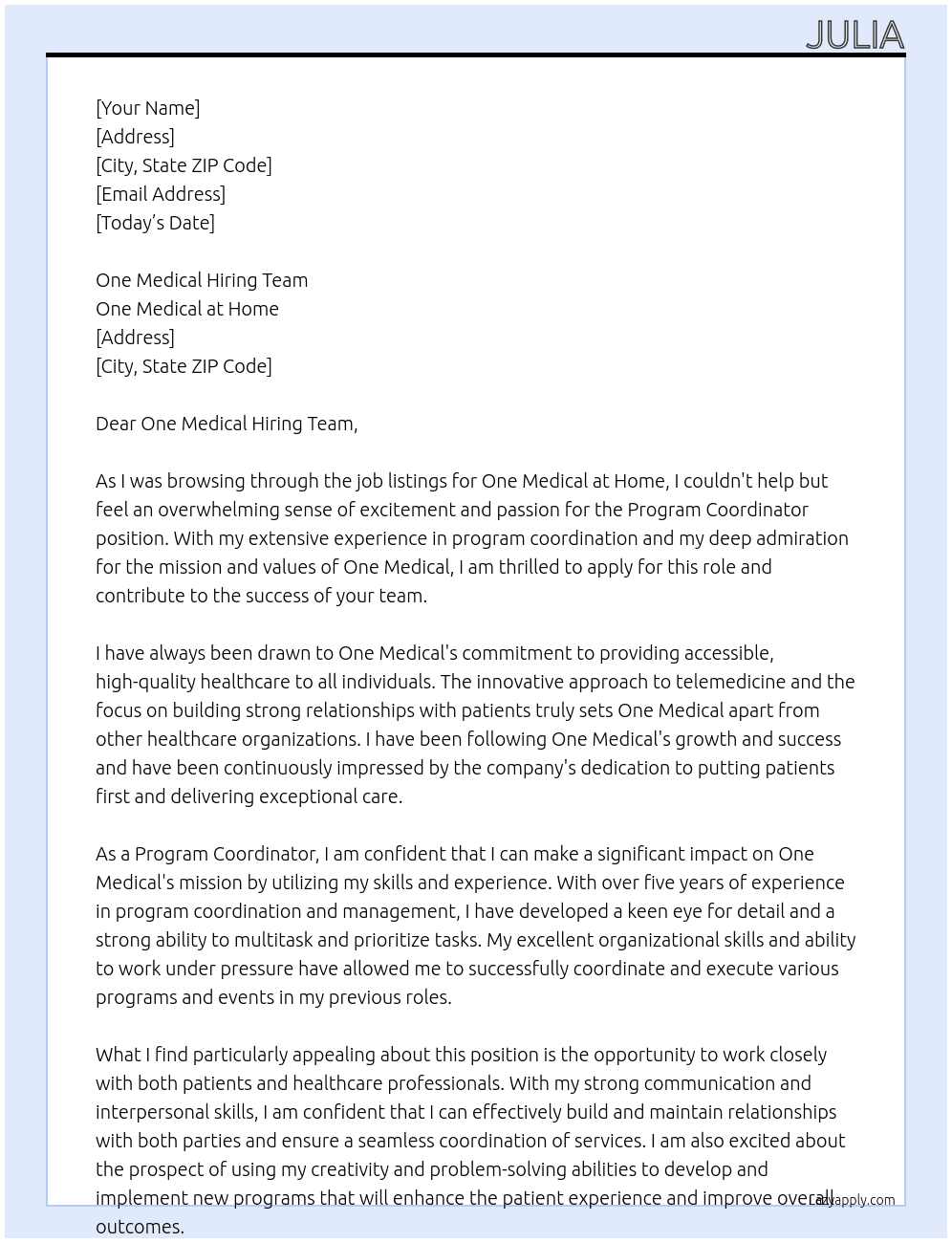 Program coordinator At One Medical at Home Cover Letter