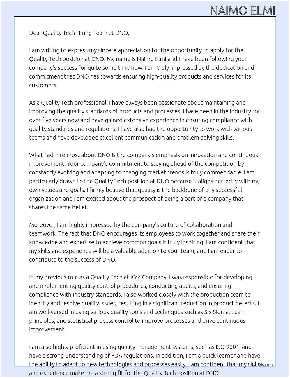 Quality Tech At DNO Cover Letter
