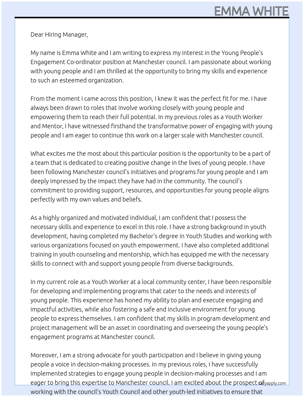Young People’s Engagement Co-ordinator At Manchester council Cover Letter