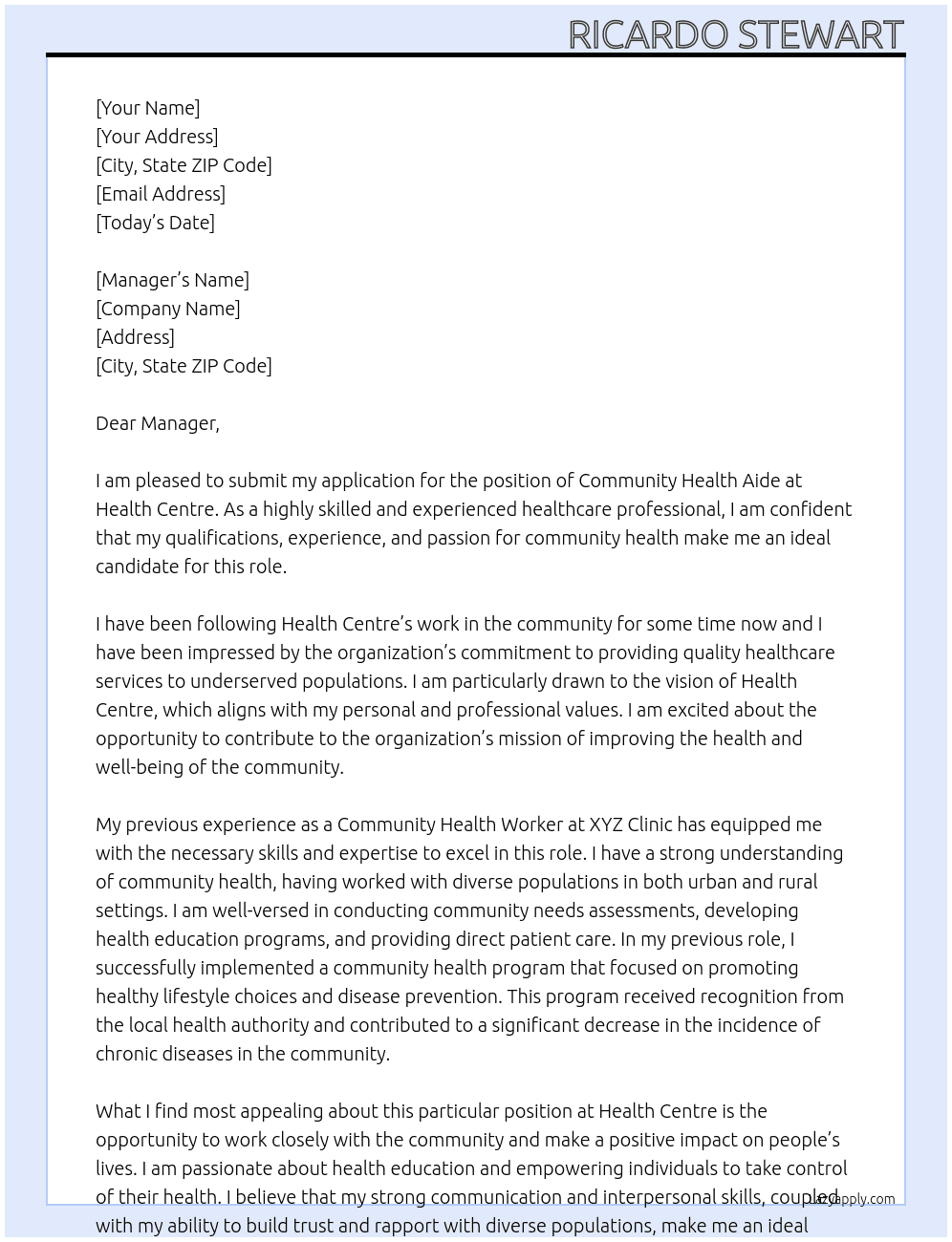 Community Health Aide  At Health Centre Cover Letter