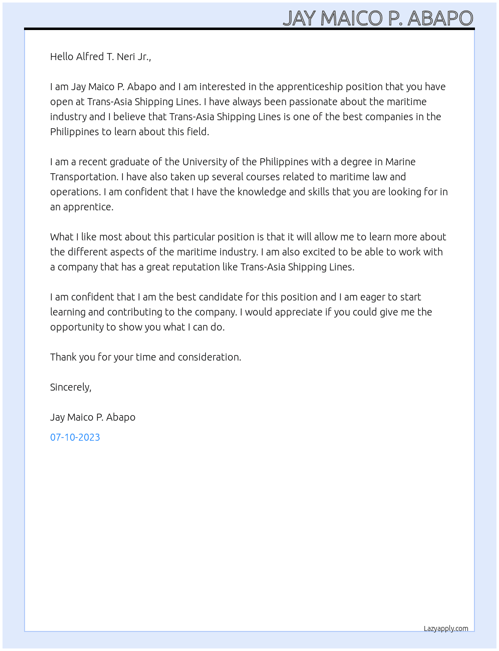 Aprenticeship At Trans-Asia Shipping Lines Cover Letter