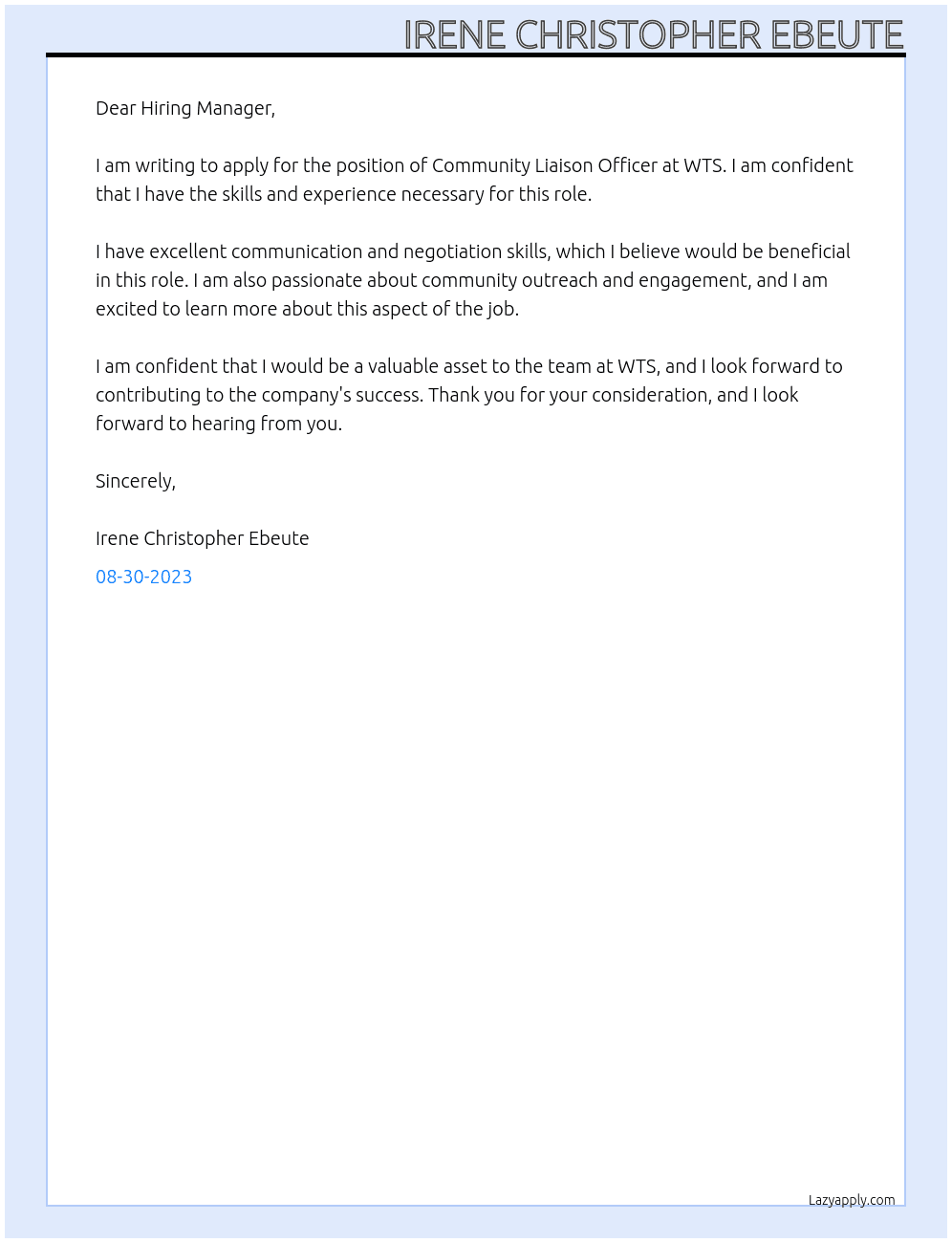 Community Liason Officer  At WTS Cover Letter
