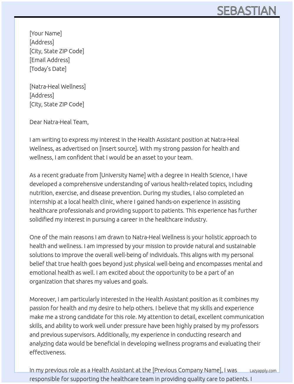 health assistant  At natra-heal wellness Cover Letter