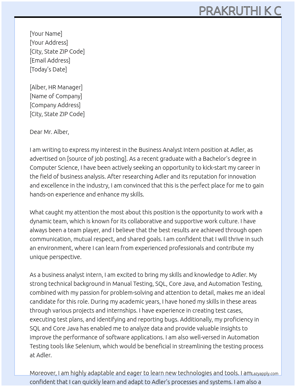 Business analyst intern  At Adler Cover Letter