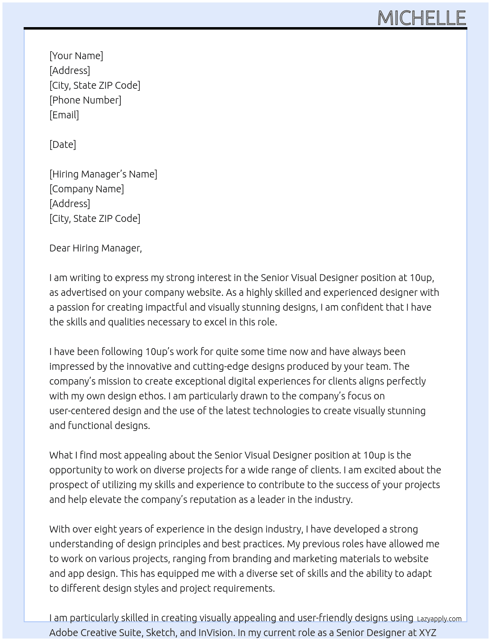 Senior Visual Designer At 10up Cover Letter