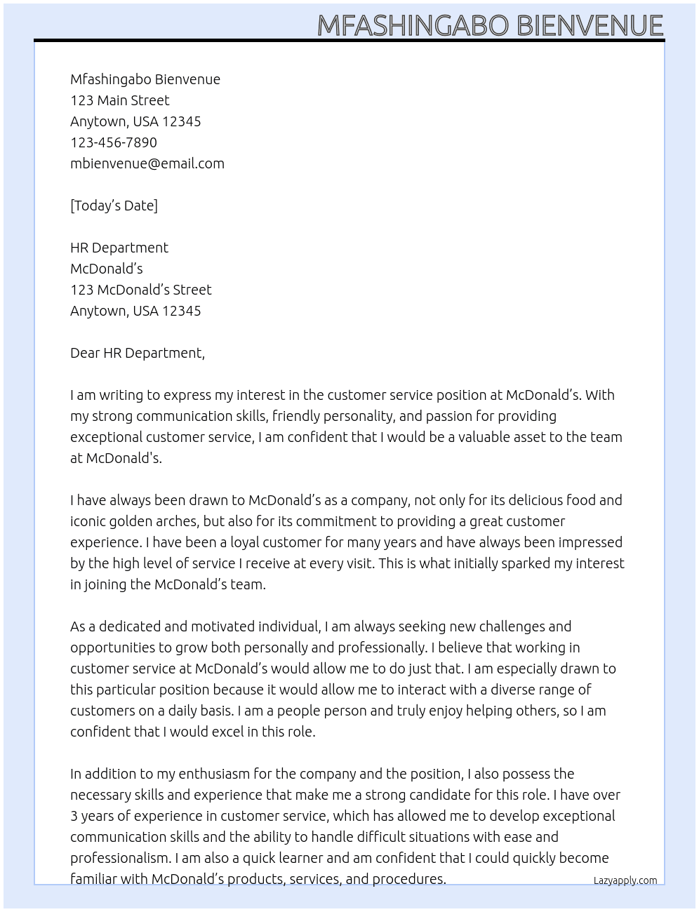 customer service At mc donald Cover Letter