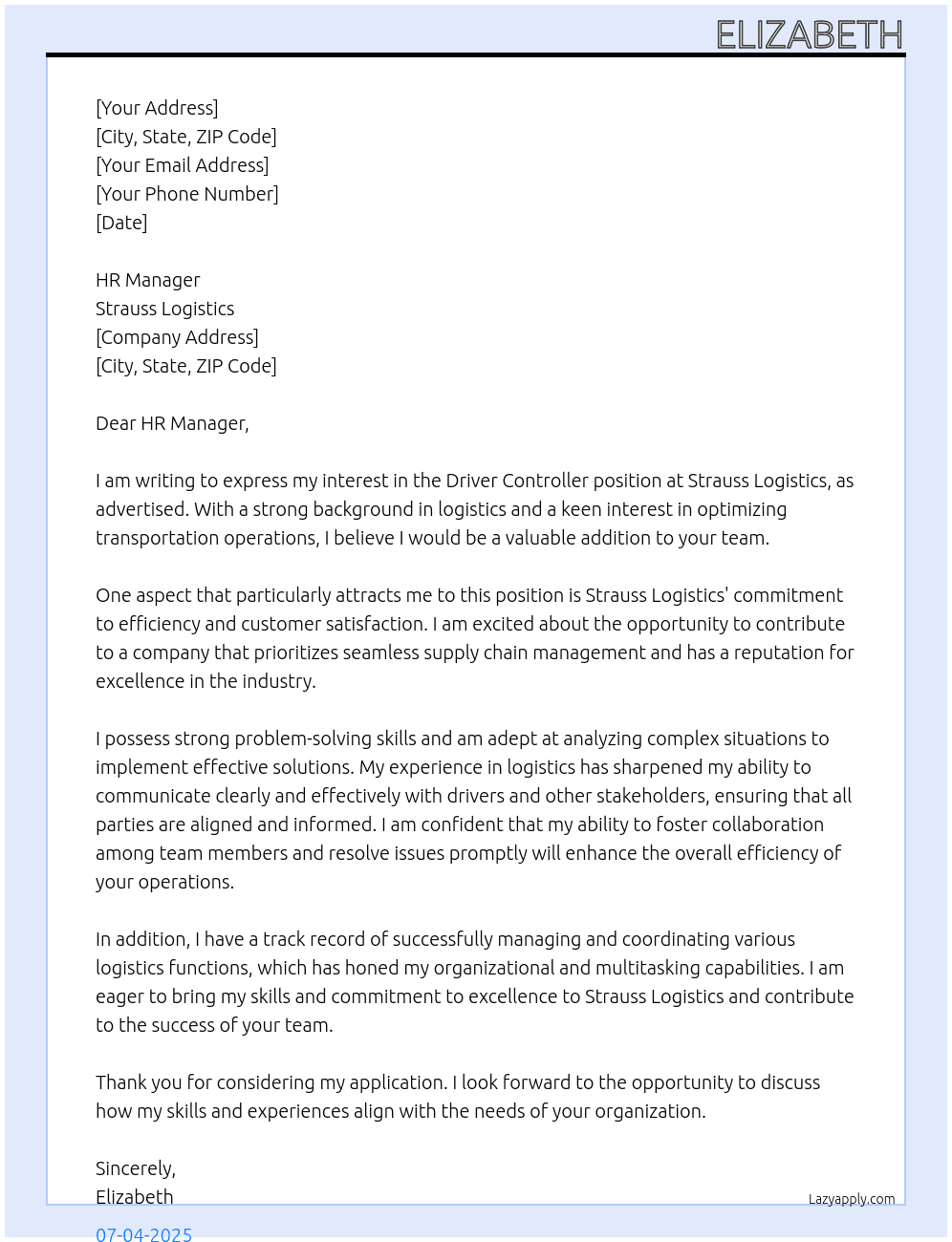 driver controller At Strauss logistics Cover Letter