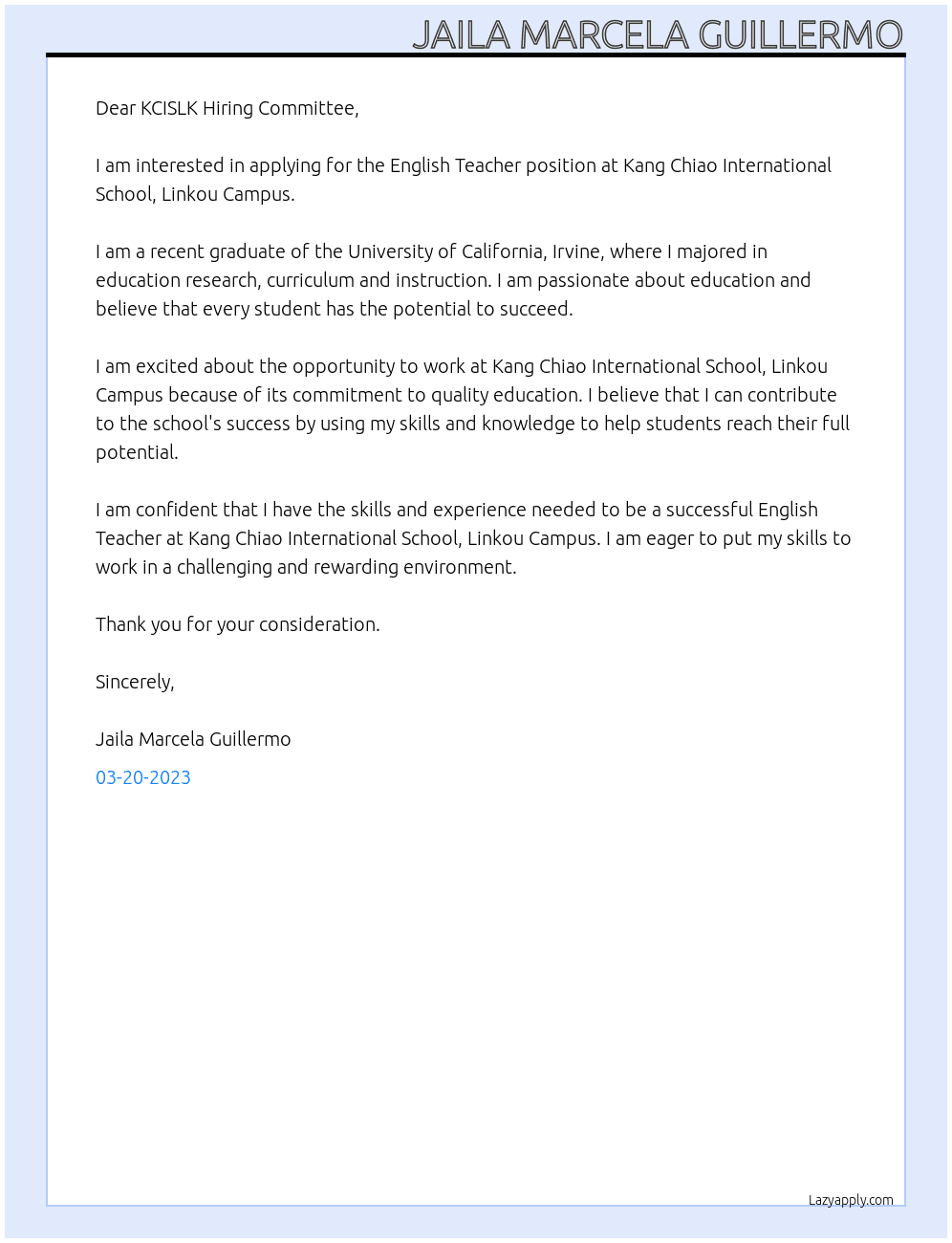 English Teacher At Kang Chiao International School, Linkou Campus Cover Letter