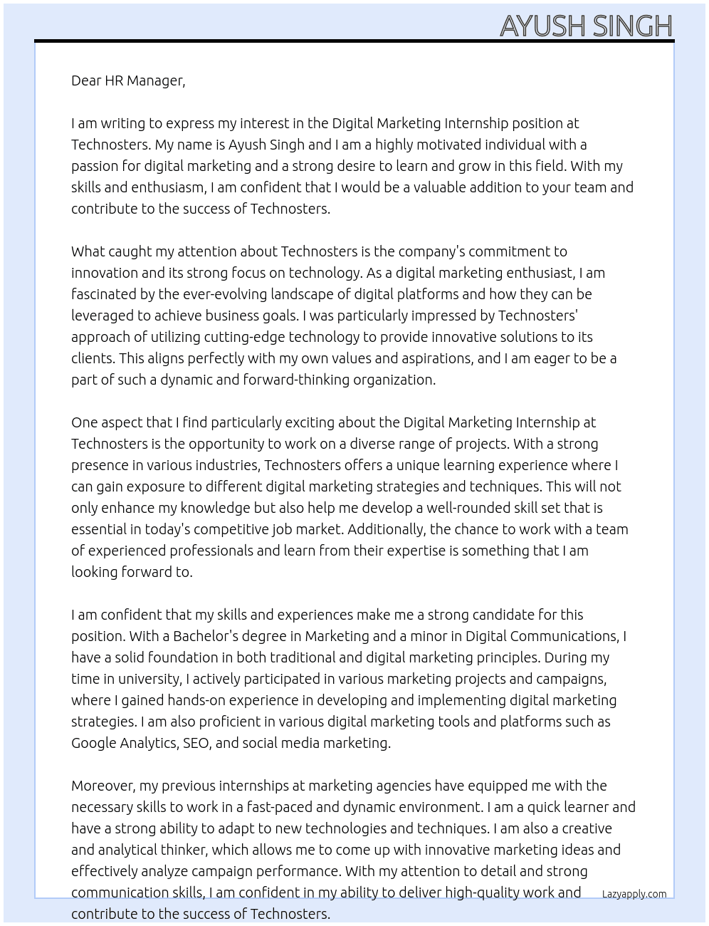 Digital marketing internship  At Technosters Cover Letter