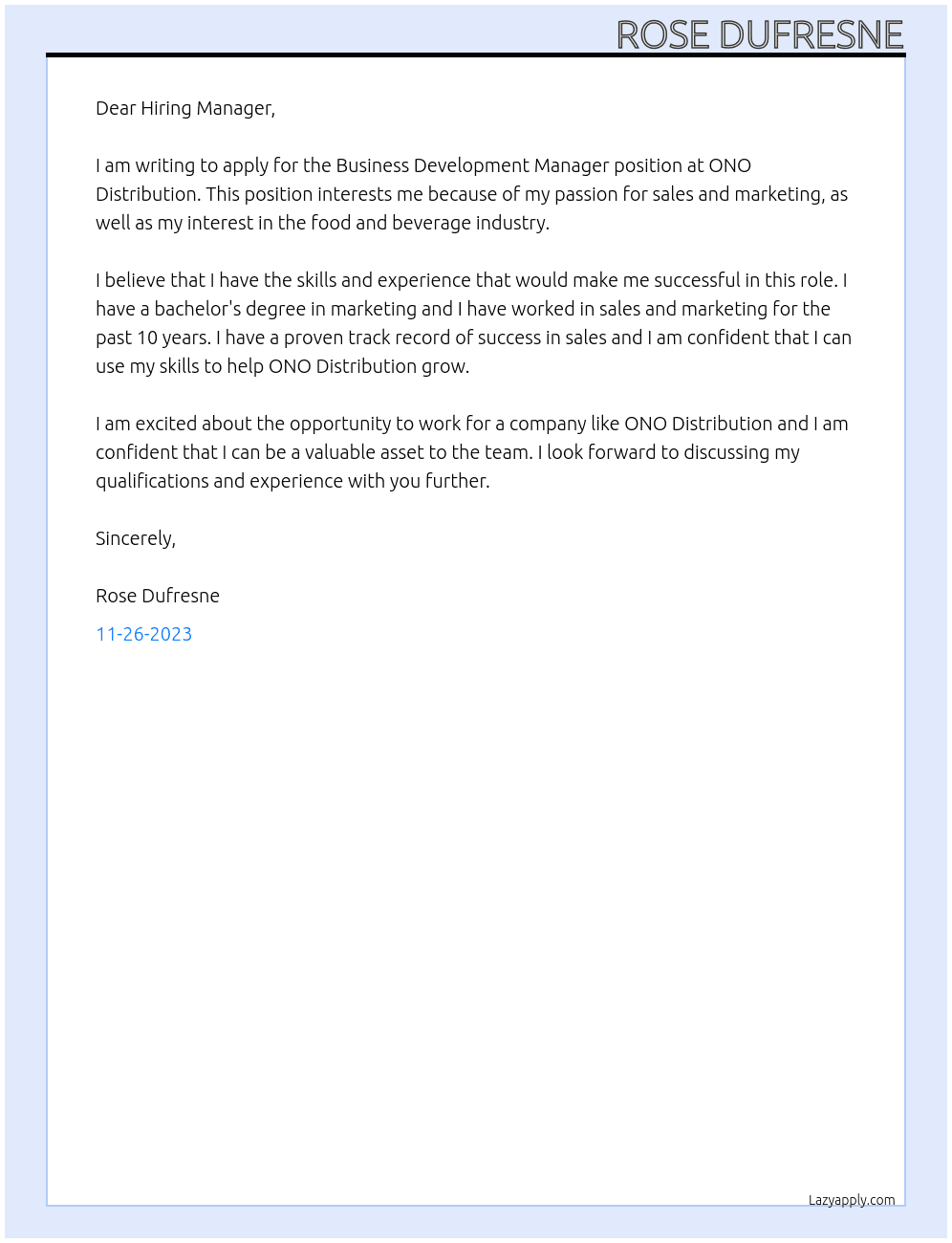 Business Development Manager At ONO DISTRIBUTION Cover Letter