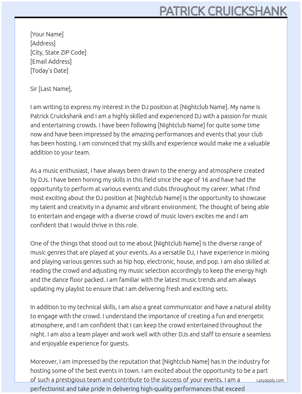 DJ At nightclub Cover Letter