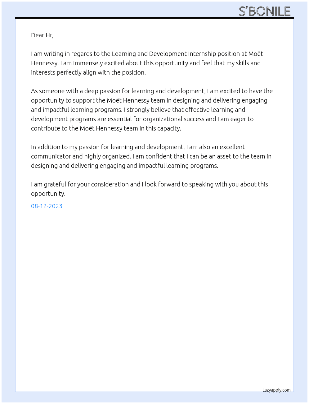 Learning and Development Internship At Moët Hennessy  Cover Letter