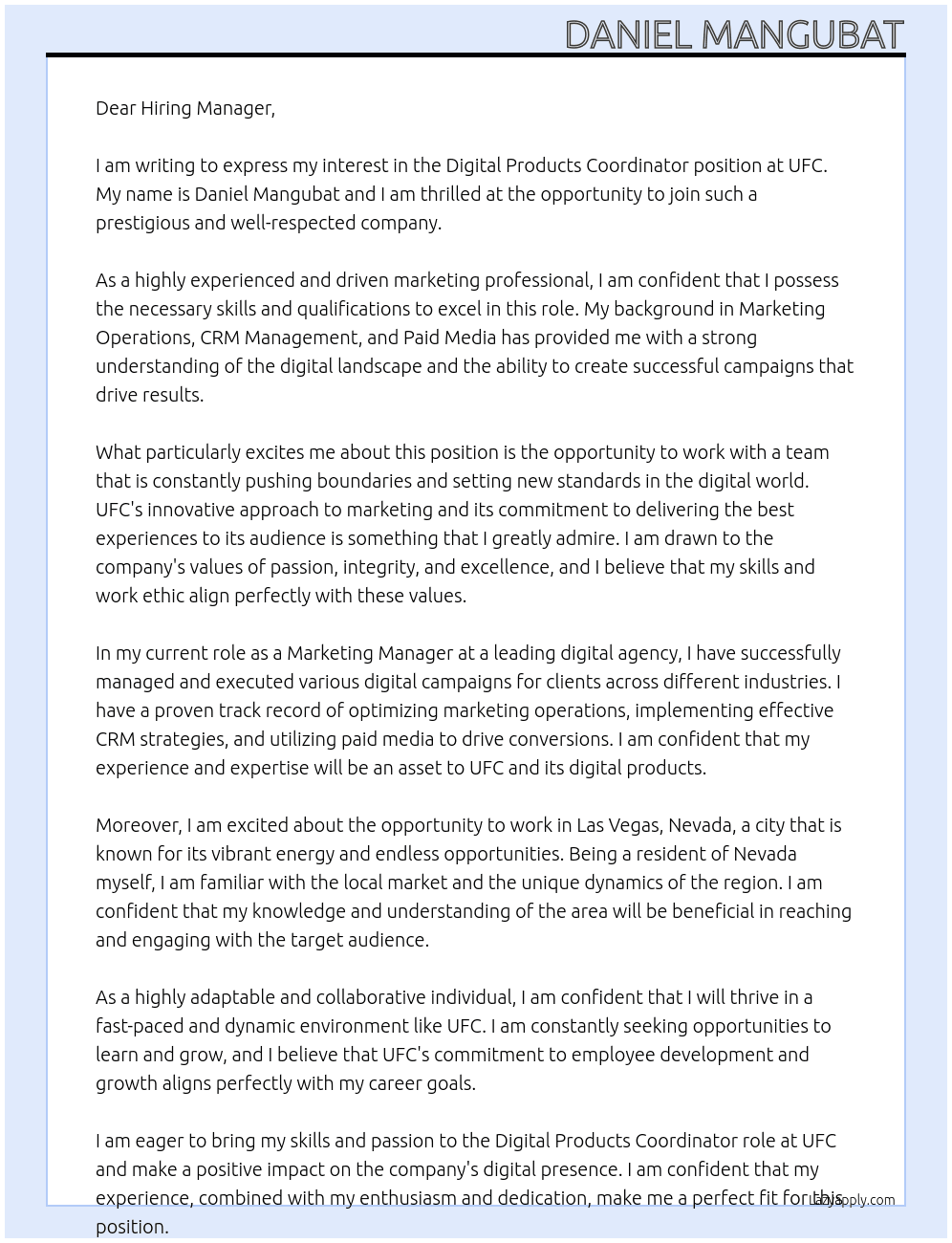 Digital Products Coordinator At UFC Cover Letter