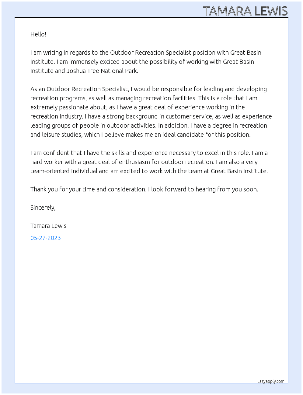 Outdoor Recreation Specialist At Great Basin Institute Cover Letter