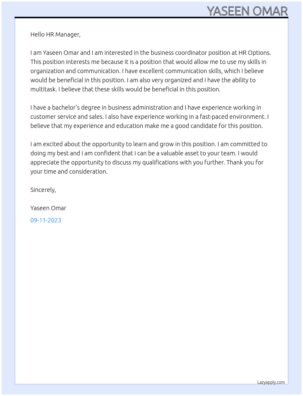 business coordinator At HR Options Cover Letter
