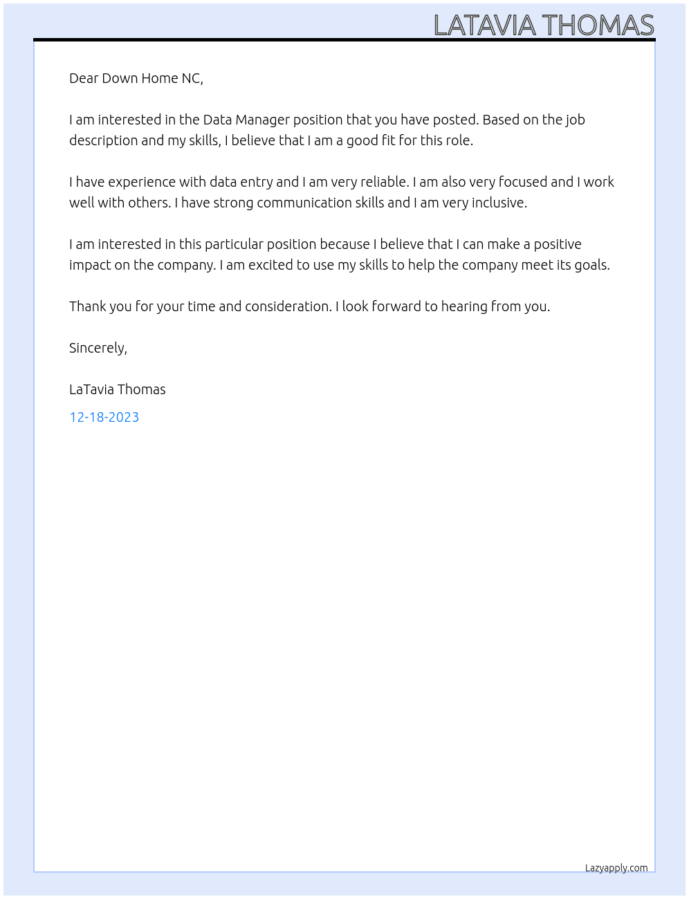 Data Manager At Down Home NC Cover Letter