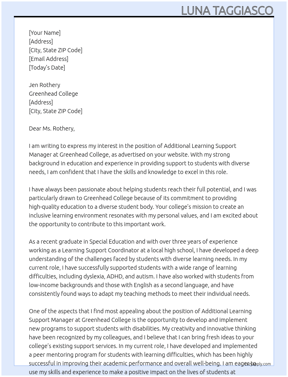 Additional Learning Support Manager At Greenhead College Cover Letter