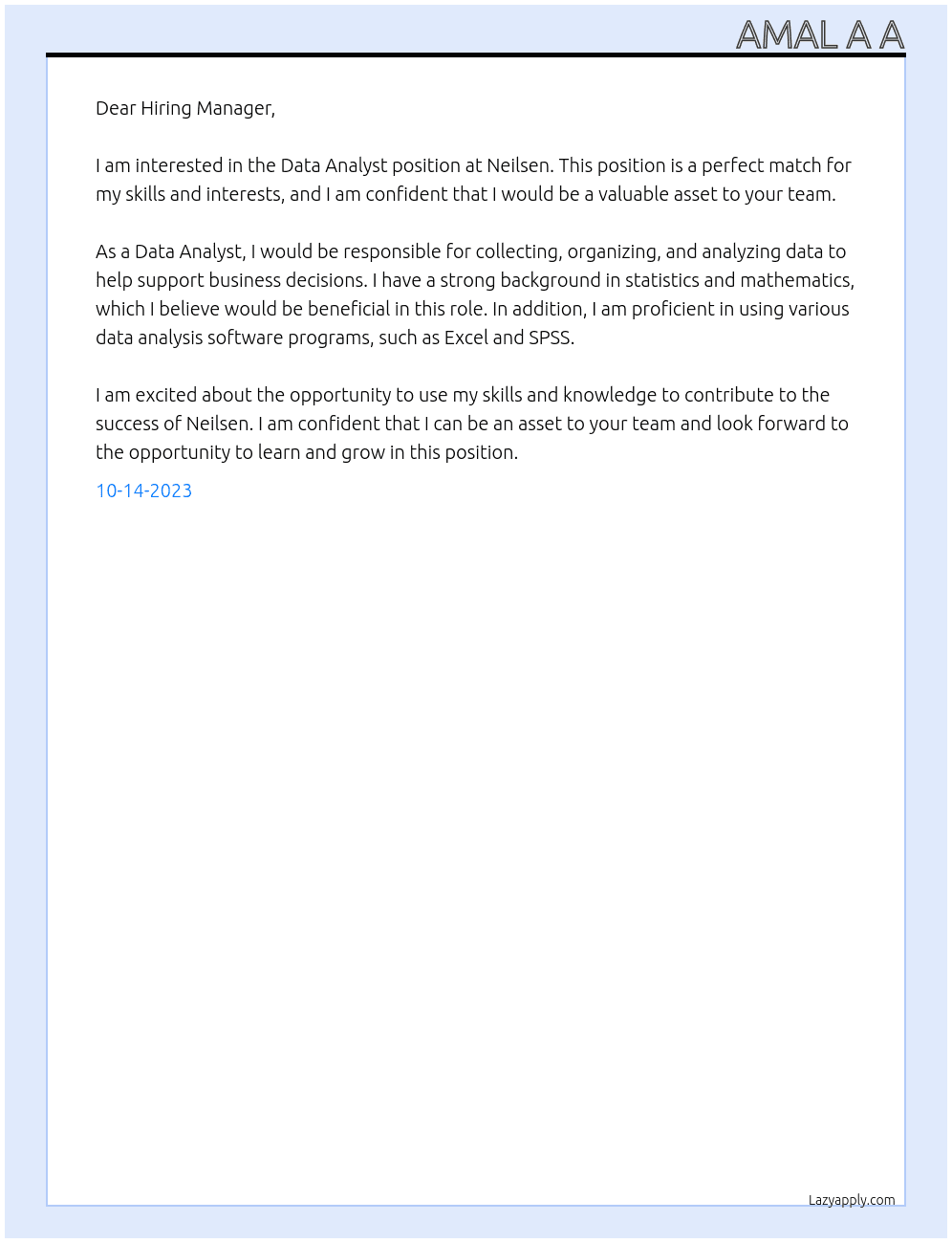 Data Analyst At Neilsen Cover Letter