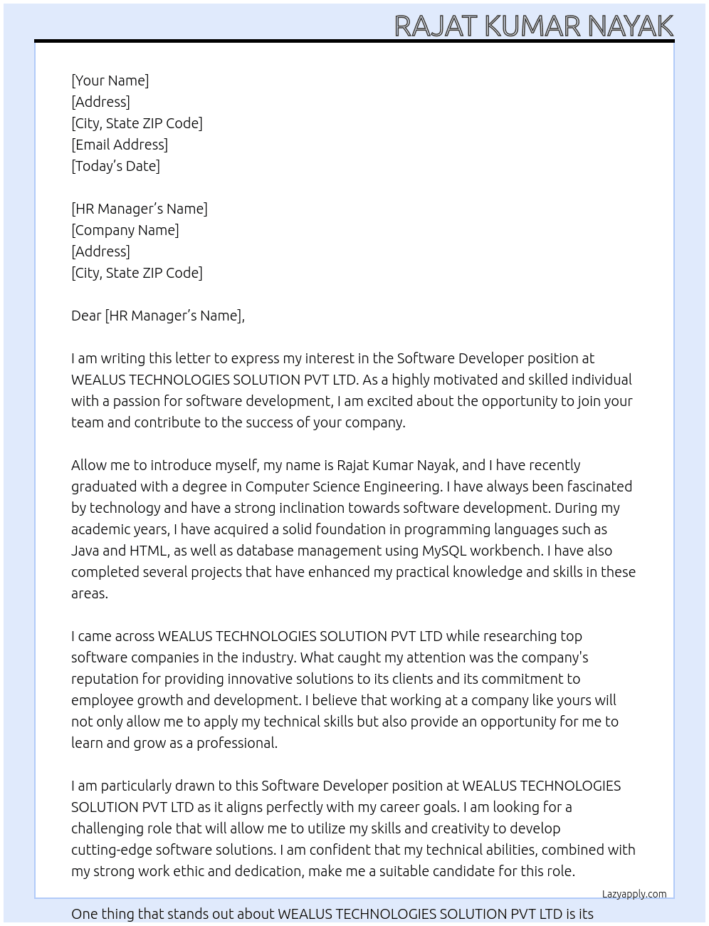 Software Developer(Fresher) At WEALUS TECHNOLOGIES SOLUTION PVT LTD. Cover Letter