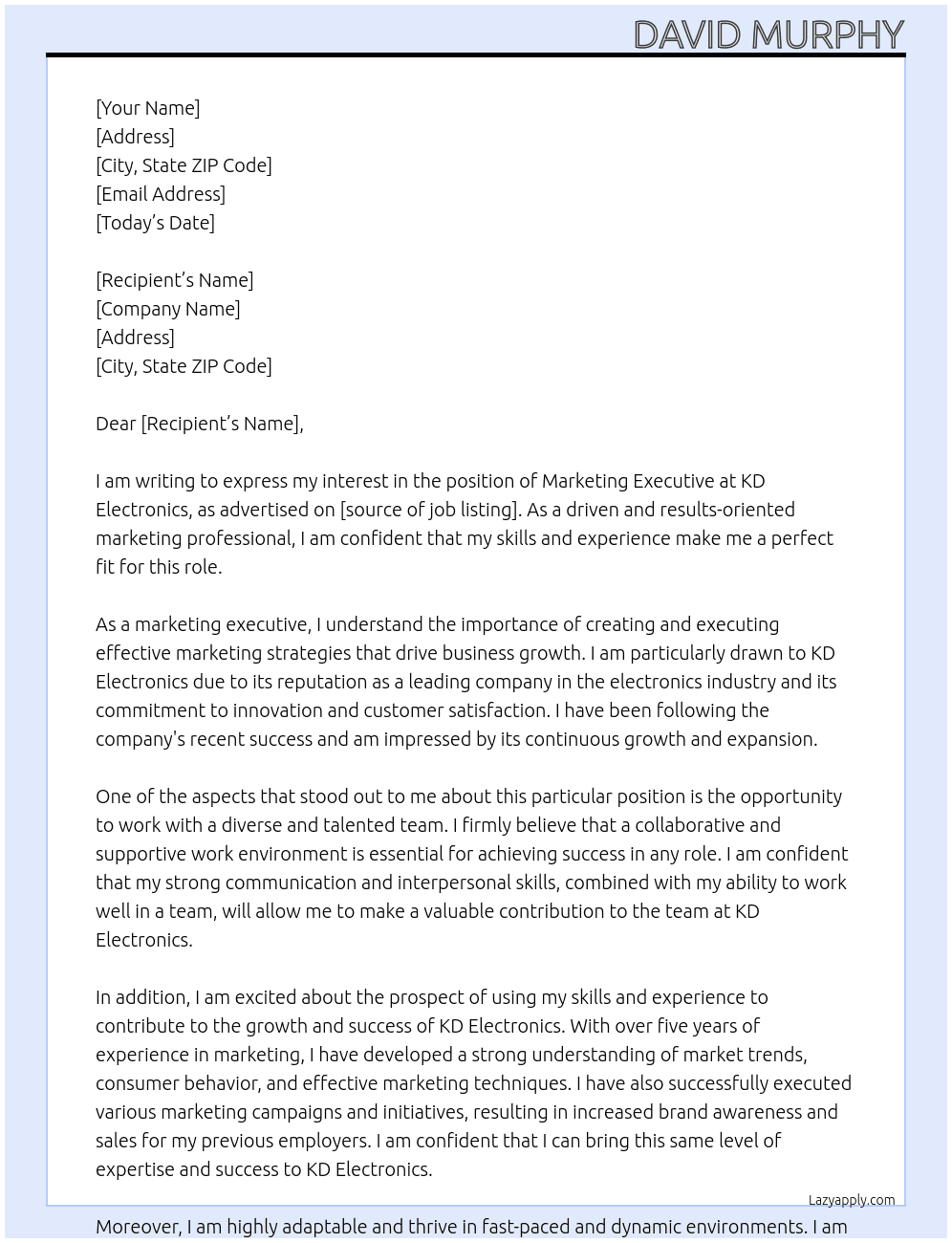 Marketing Executive At KD Electronics Cover Letter
