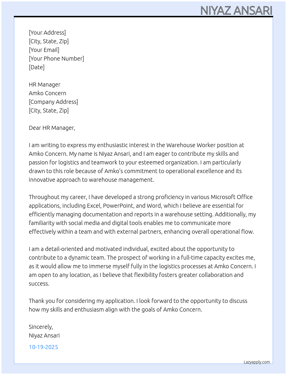 Warehouse worker  At Amko concern  Cover Letter
