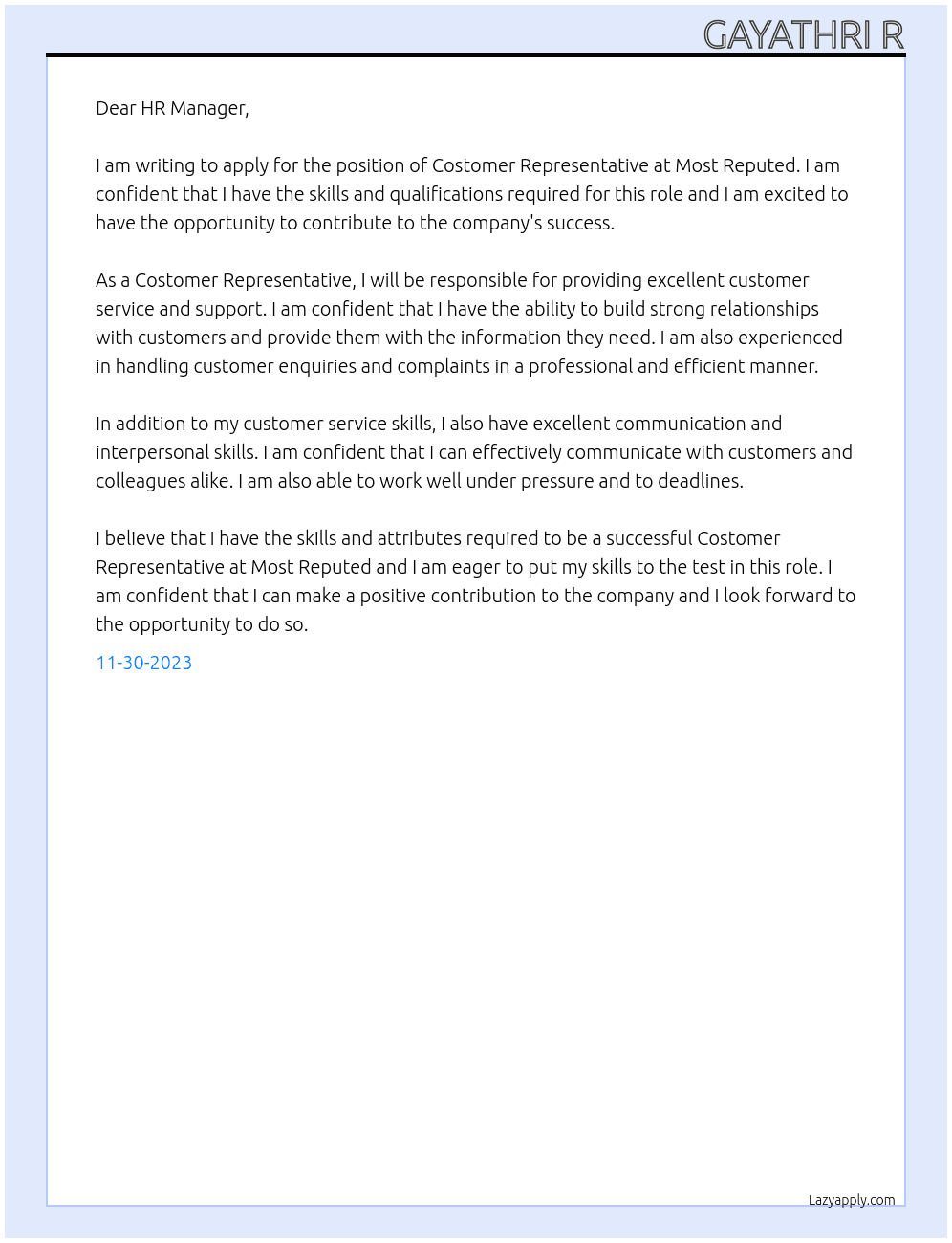 Costomer representative  At Most reputed  Cover Letter