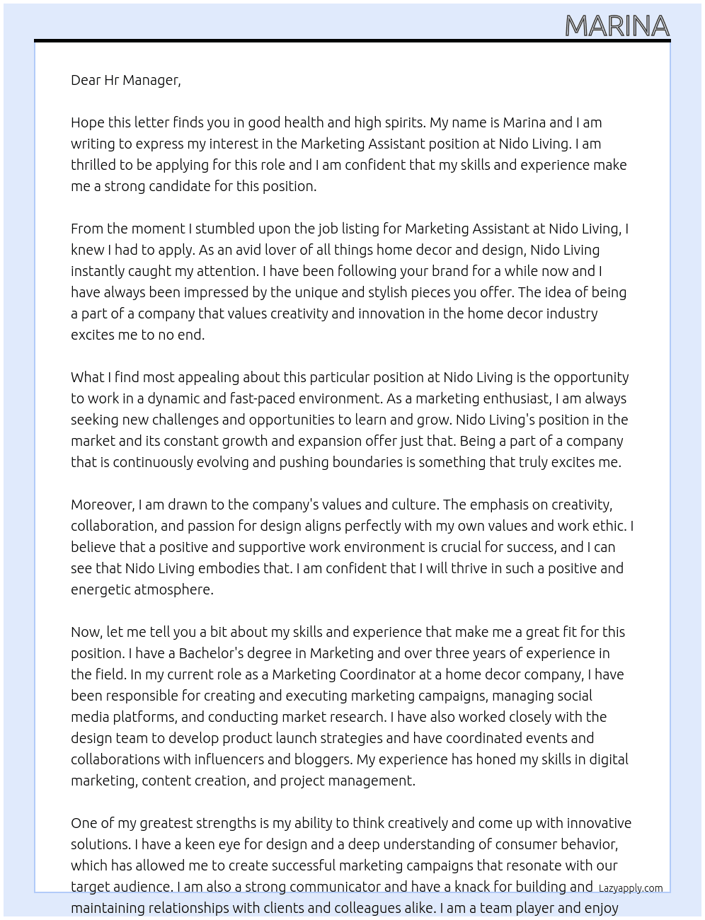 Marketing Assistant  At Nido living Cover Letter