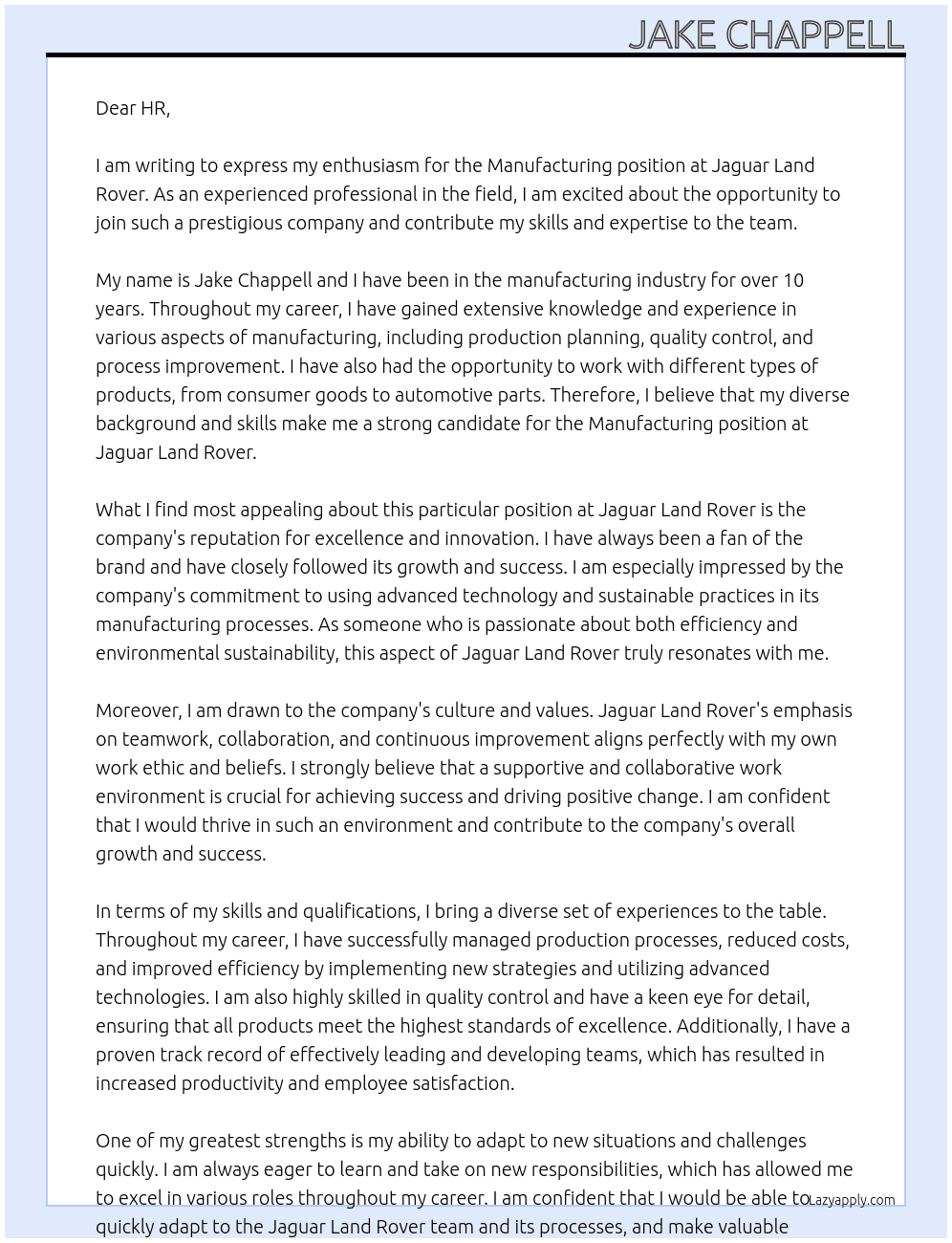 Manufacturing  At Jaguar Land Rover  Cover Letter