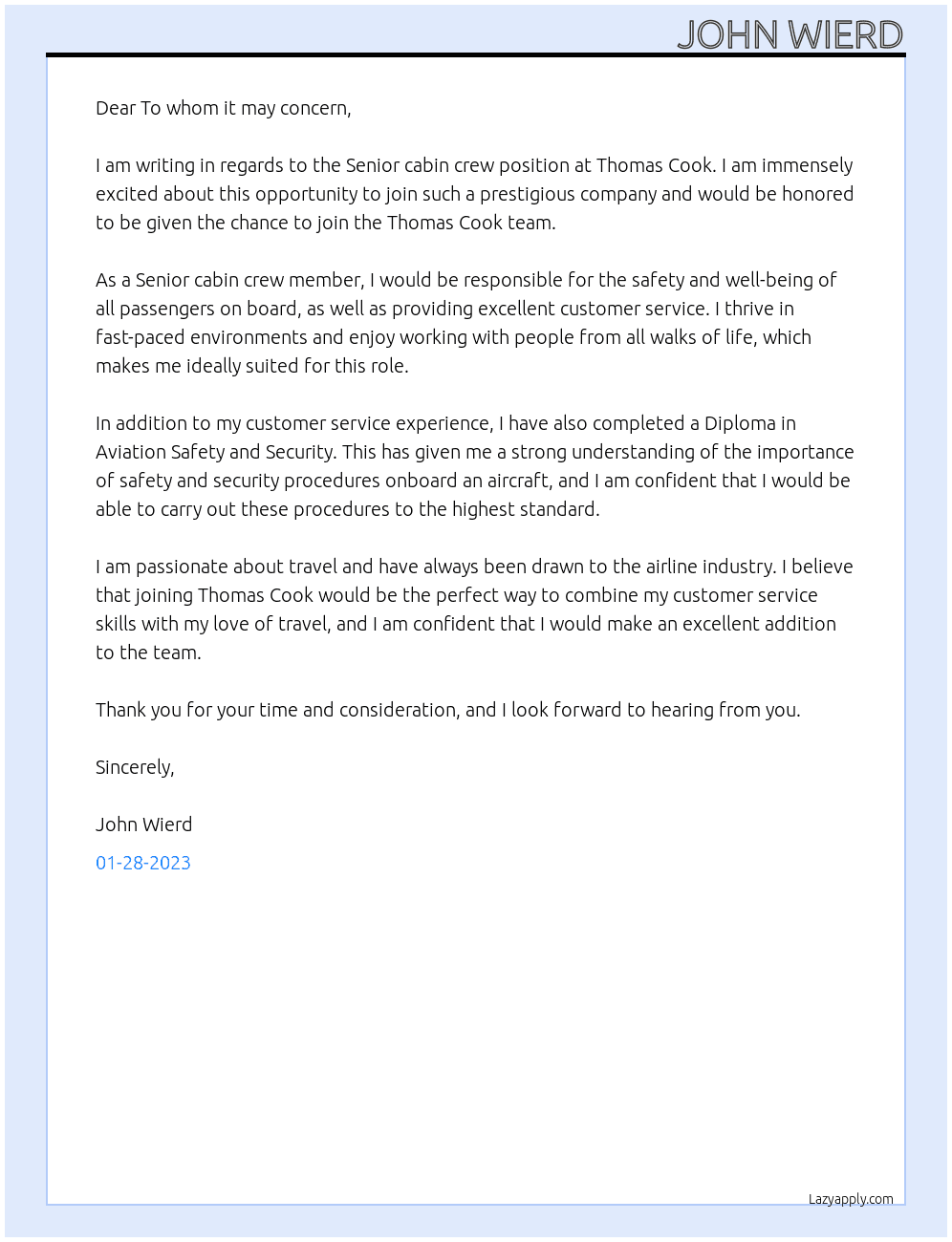 Senior cabin crew At Thomas Cook Cover Letter