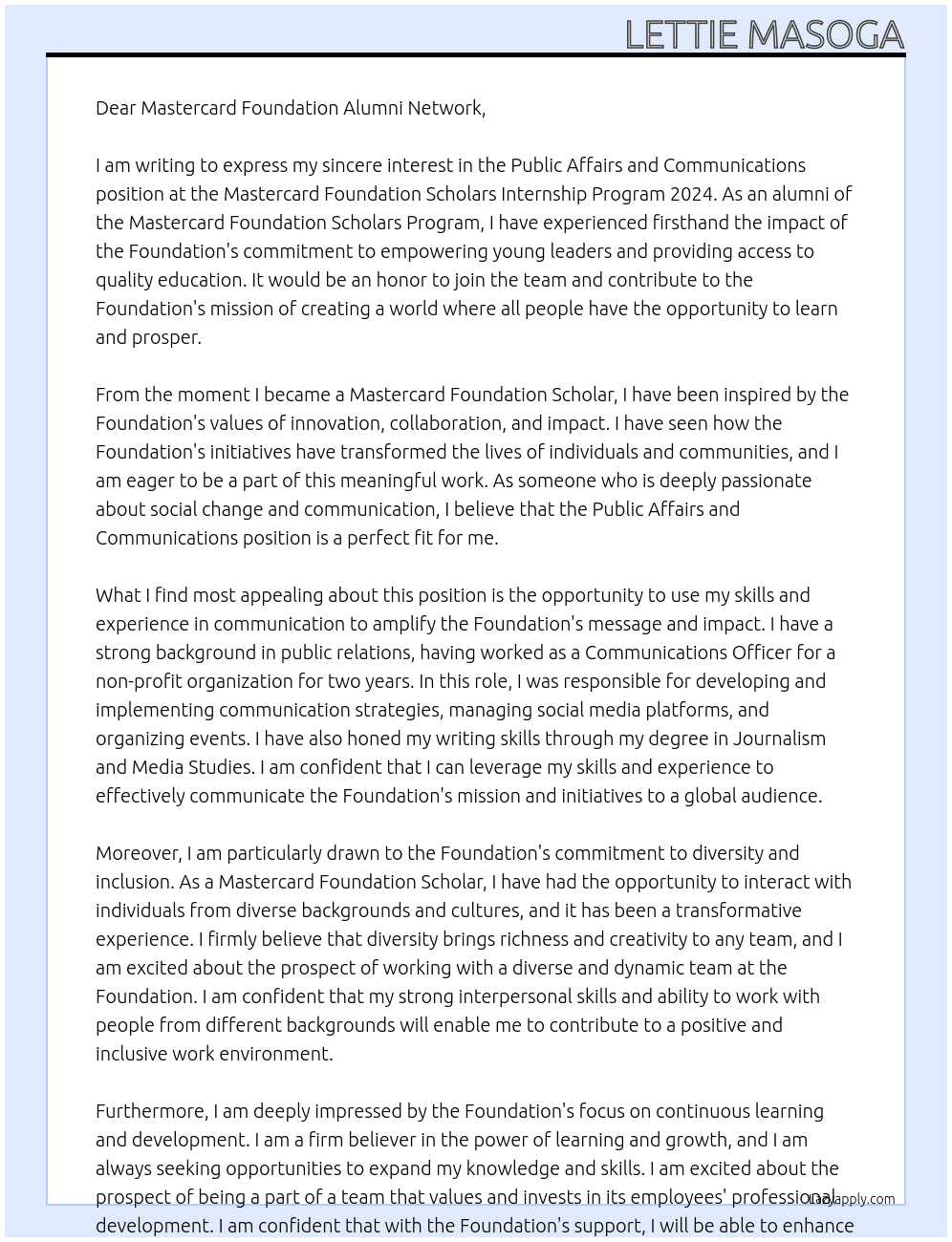 Public Affairs and Communications At Mastercard Foundation Scholars Internship Program 2024 Cover Letter